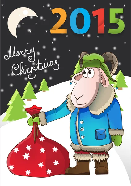 Xmas illustration cartoon sheep with bag gifts. New Year poster size A4. Beautiful night nature background with Christmas trees. — Stock Vector