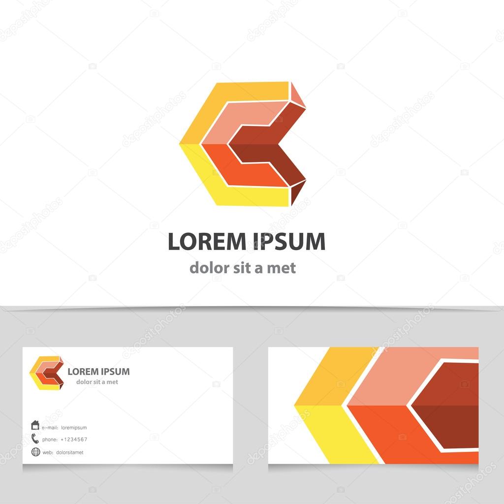 Vector abstract 3d shape letter C. Geometric business icon with business card template.