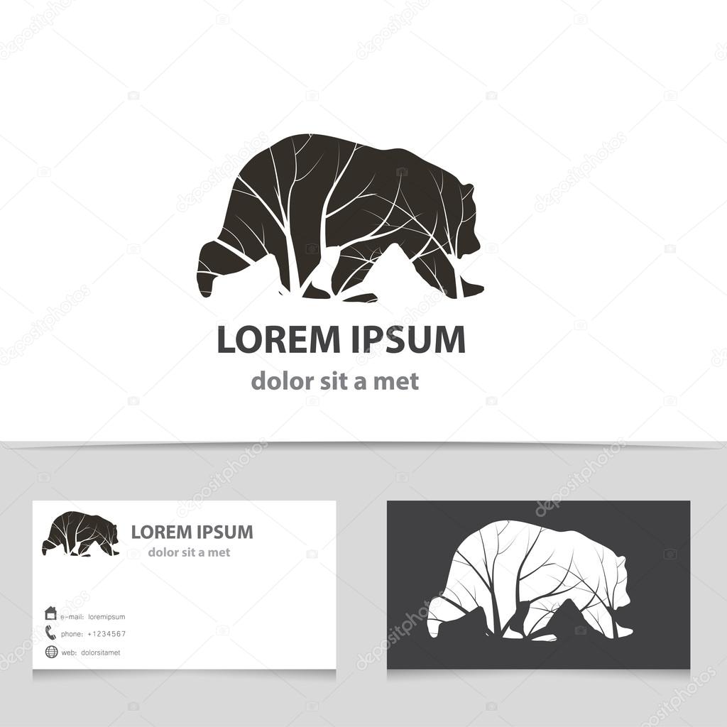 Vector bear icon with business card template. Creative idea for your company. Silhouette Animal with tree.