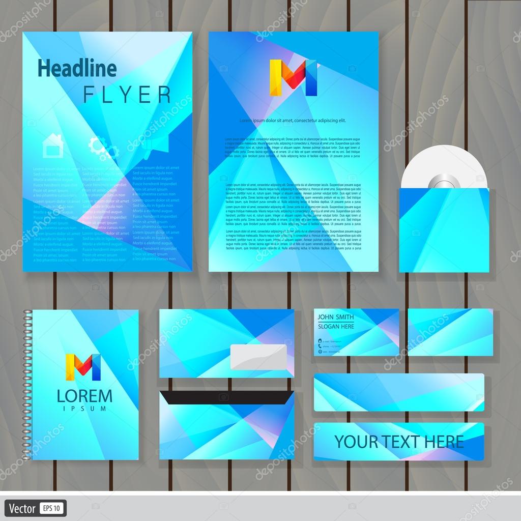 Creative blue polygonal corporate identity. Trendy business concept with logo design template, letter M. Vector illustration.