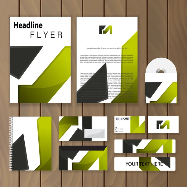 Polygonal green corporate identity. Creative stationery template. Trendy business concept with triangle logo design, letter m. Vector illustration. — Stock Vector