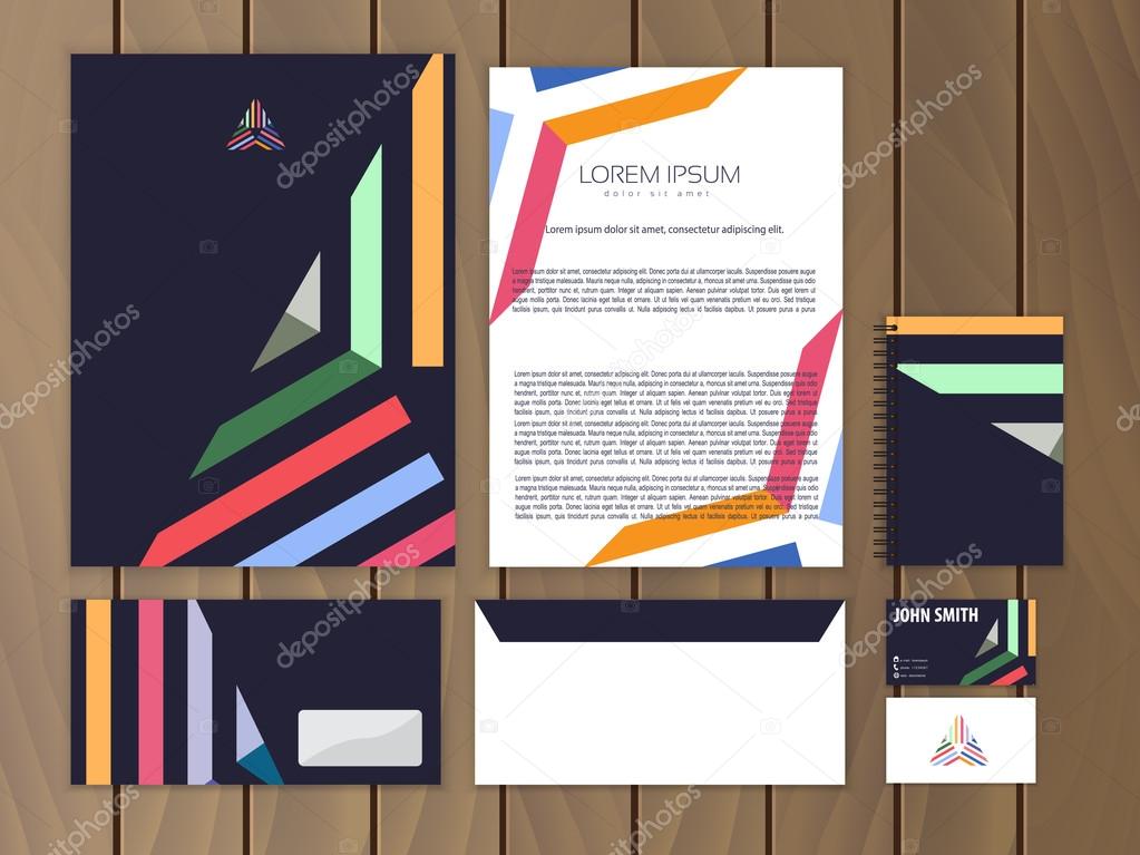 Creative colorful corporate identity with triangle logo design template. Trendy stationery business concept. Vector illustration.