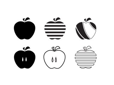Apple Icons set. Stilize meyve tasarım öğeleri. Siyah siluet sağlıklı bir yemek. Vektör çizim.