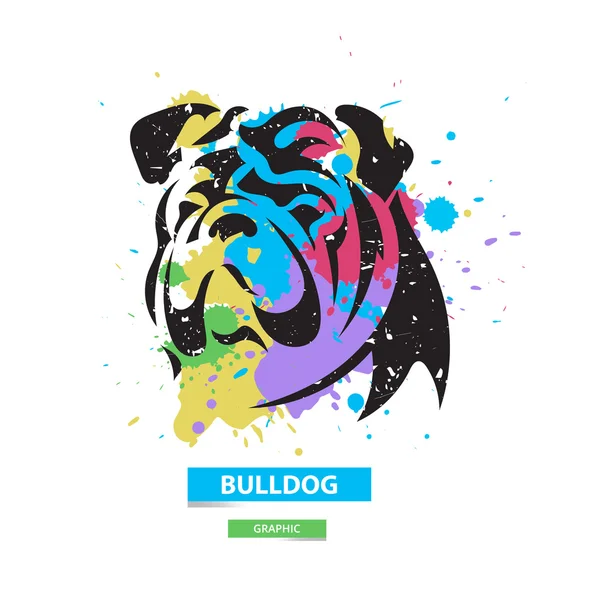 Bulldog artístico sobre el fondo de manchas de colores. Ilustración gráfica estilizada. Vector animal salvaje . — Archivo Imágenes Vectoriales