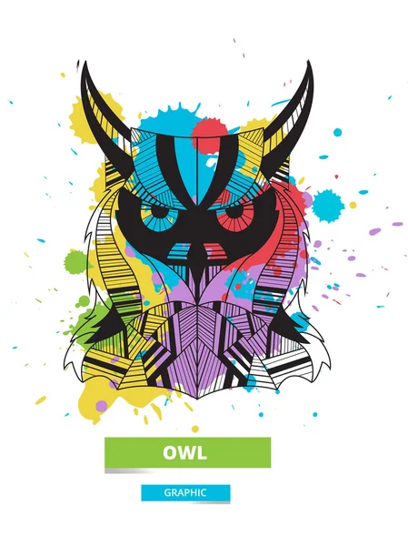 彩色墨水背景的艺术猫头鹰。程式化的图形化显示。矢量野生动物. 图库插图