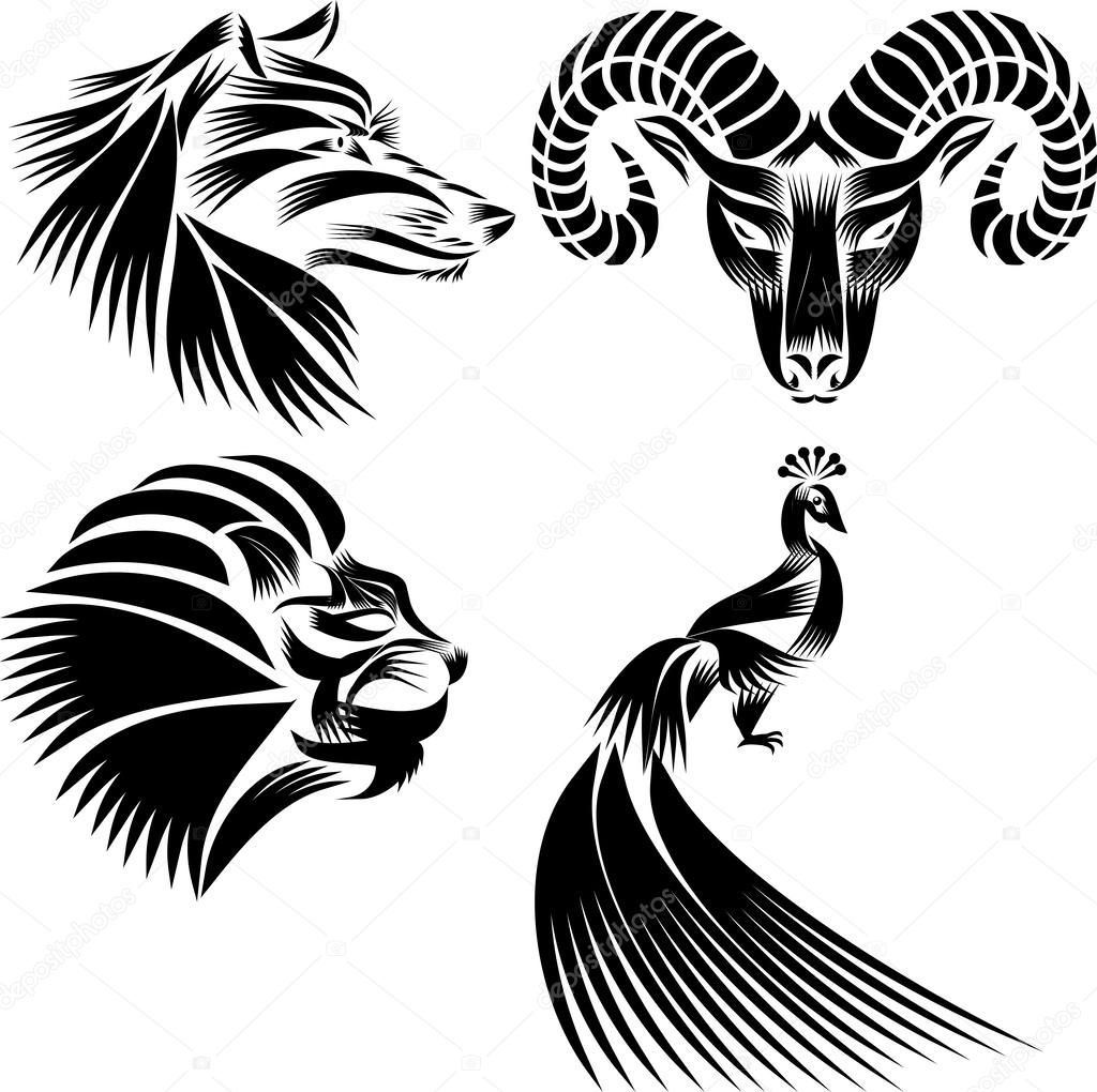 peacock, lion's head, head of a goat,  Wolf's head