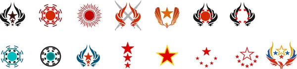 Diferentes elementos de los emblemas (estrella, águila, halcón, fénix, círculo, alas, sol, espada ) — Vector de stock