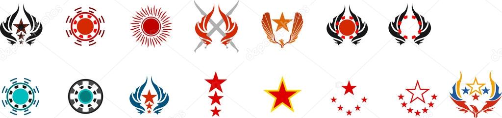 Different elements of the emblems (star, eagle, falcon, phoenix, circle, wings, sun, sword)