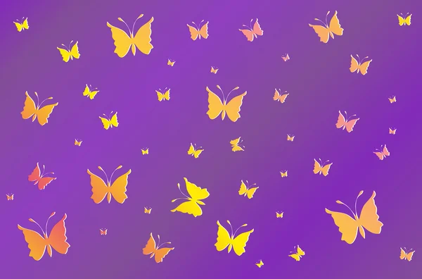 Mariposas de rosa amarilla en degradado de papel pintado púrpura — Vector de stock