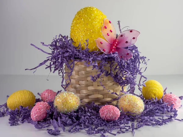 Giant Yellow Easter Egg Basket Purple Paper Shreds Spilling Out — Stock Photo, Image