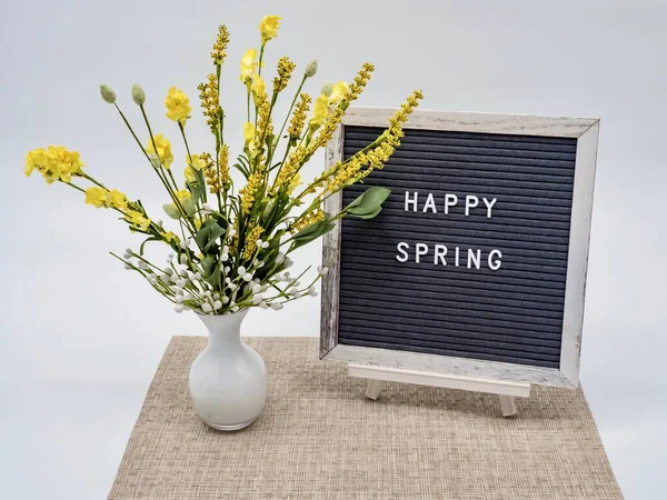 Happy Spring Written Black White Letter Board White Font Yellow — Stock Photo, Image