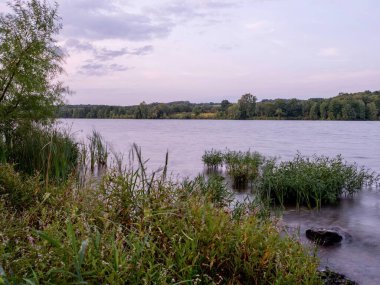 Batı Pensilvanya 'da Wilhelm Gölü. Gün batımından hemen önce. Gökyüzü yumuşak ve ön planda bitki örtüsü var. Güzel su doğası manzarası.