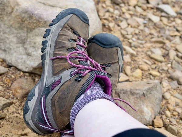 Close Picture Pair Brown Pink Hiking Boots Purple Wool Socks — Stock Photo, Image