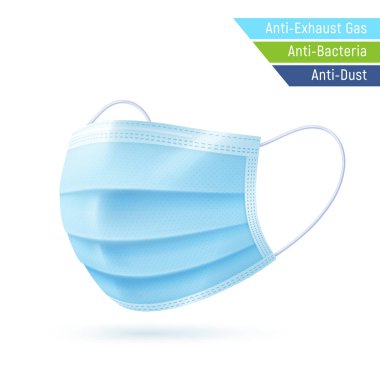 3D gerçekçi tek kullanımlık koruyucu maske. Mavi cerrahi, tıbbi solunum maskesi beyazda izole edilmiş. Coronavirus koruması, anti-toz, anti-bakteri.