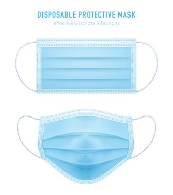 3D gerçekçi tek kullanımlık koruyucu maske. Mavi cerrahi, tıbbi solunum maskesi beyazda izole edilmiş. Coronavirus koruması, anti-toz, anti-bakteri.