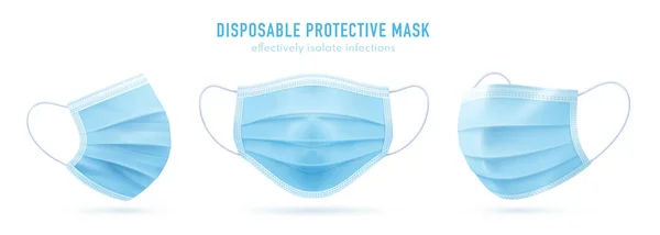 3d realistische vector wegwerp beschermend masker. Blauw chirurgisch, medisch ademhalingsmasker geïsoleerd op wit. Coronavirus bescherming, anti-stof, anti-bacteriën. Front, driekwart en zijaanzicht — Stockvector