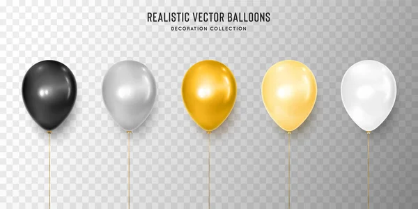Realistisch zwart, zilver, goud, geel en wit ballon vector illustratie op transparante achtergrond. Decoratie element ontwerp voor verjaardag, bruiloft, feesten, vieren feestelijk. . — Stockvector