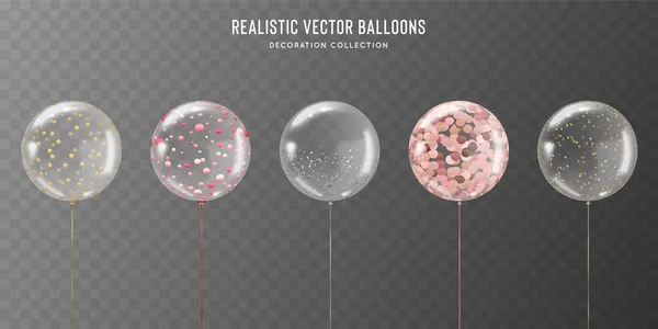Realistische transparante ballon set met gouden, rose, roze en zilveren confetti binnenin. Vector ballonnen illustratie voor verjaardag, bruiloft, feesten, feestelijk vieren. — Stockvector