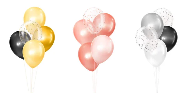 3D vektor realistisk gyllene, ros och silver klasar av helium ballonger isolerade på vit bakgrund. Dekoration element design för födelsedag, bröllop, fester, fira festliga. Vektorgrafik