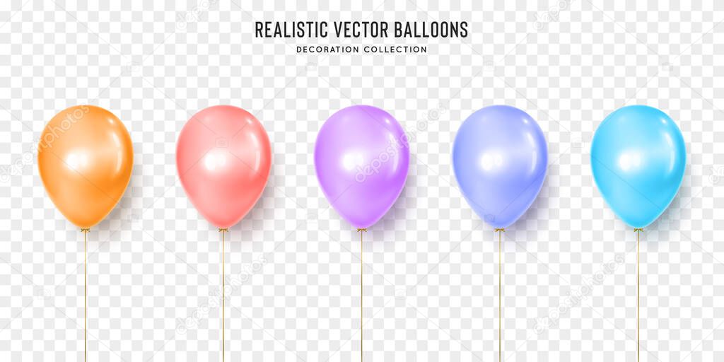 Realistic orange, rose, violet, navy and blue balloon vector illustration on transparent background. Decoration element design for birthday, wedding, parties, celebrate festive.