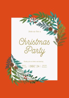 Noel çerçevesi, köknar ve çam dalları, kış bitkileri, kutsal böğürtlenler, koniler. Xmas ve Mutlu Yıllar partisi davetiyesi.