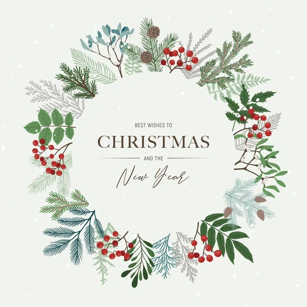.Noelde, Noel çiçekleri, kutsal böğürtlenler, ökseotu, çam ve köknar dalları, koniler, kızılcık çilekleri. Xmas ve mutlu yeni yıl kartpostalları. Vektör illüstrasyonu