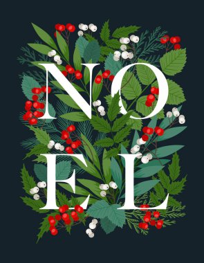 Dünyayla tatil çerçevesi, Noel. Holly ve Rowan üzümlü vektör çizimi, köknar ve çam dalları, kış yaprakları ve bitkiler. Noel ve Mutlu Yıllar kartpostalları