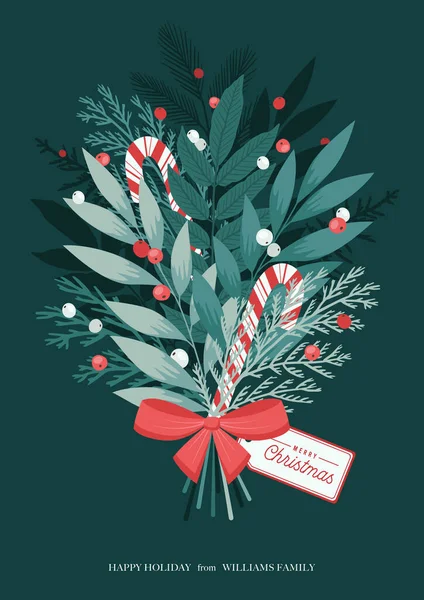 Рождественский букет с луком, леденцами, ягодами, зимними растениями и листьями, сосновыми ветвями. Рождественская и новогодняя векторная открытка. — стоковый вектор