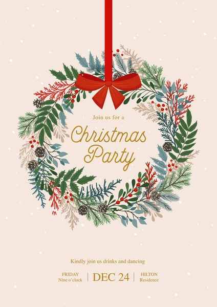 Christmas wreath with holly berries, mistletoe, pine and fir branches, cones, rowan berries. Xmas and happy new year postcard. Vector party invitation — Stock Vector