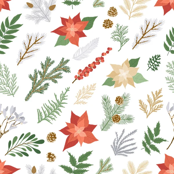 Christmas seamless pattern with plants and flowers. Vector card with poinsettia, holly berries, fir and pine branches, cones, rowan. — Stock Vector
