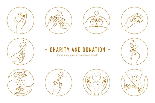Vetor mão gestos e segurando mãos conjunto de modelo de logotipo. Logotipos de caridade e doação em estilo linear.. — Vetor de Stock