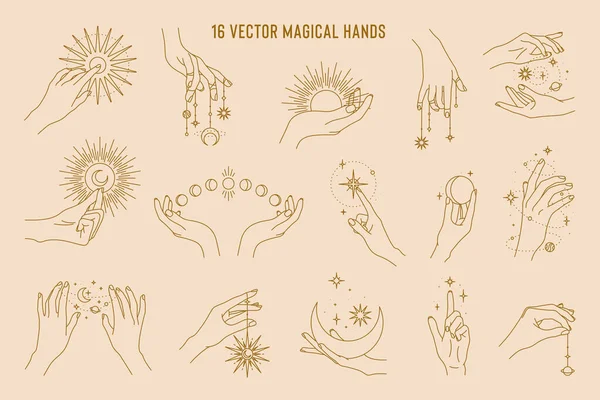 16 vetor mãos mágicas conjunto de modelo de logotipo. Estilo linear, design mínimo. Planetas, fases da lua, sol e estrelas. Elementos esotéricos e místicos. — Vetor de Stock