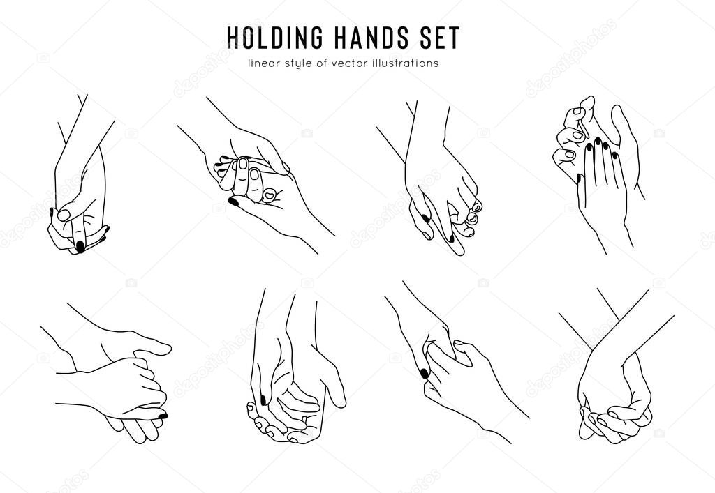 Friendship and lovers hand gestures in linear style. Vector couple holding hands, set of abstract logo template, tattoo and sticker design elements. Valentines Day set.