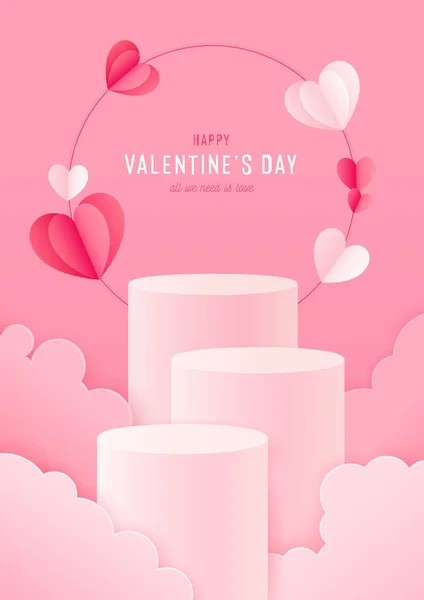 Gelukkige Valentijnsdag kaart met podium podium, papieren hemel en 3d papieren harten. Vector vakantie ontwerp template. Roze concept verkoop banner of wenskaart — Stockvector