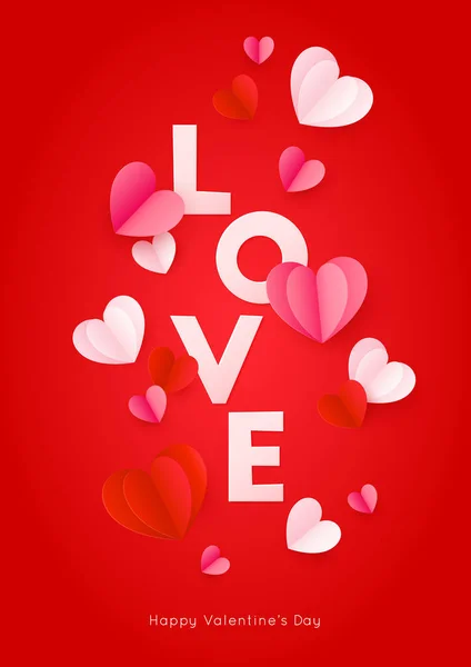 Happy St. Valentijnsdag kaart met papieren woord liefde en vliegende papieren harten. Vector vakantie ontwerp template. Rode concept verkoop banner of wenskaart — Stockvector