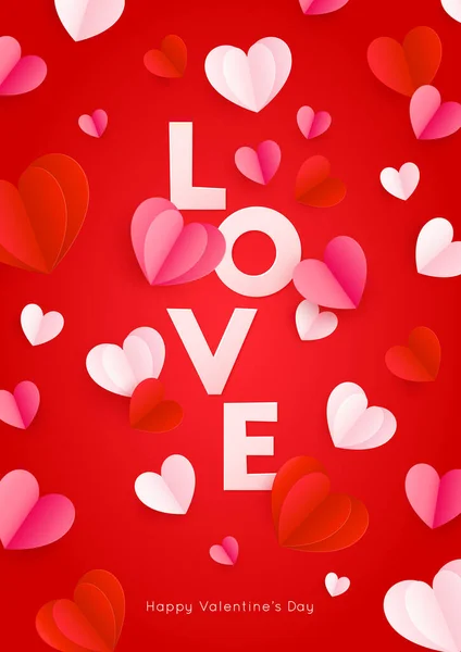 Boldog Szent Valentin-napot kártya papír szó szerelem és repülő papír szív. Vektor ünnep design sablon. Piros koncepció eladó banner vagy üdvözlőkártya — Stock Vector