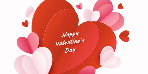 Happy St. Valentines Day card with 3d paper hearts. Vector holiday design template. Valentine concept banner or greeting card — Stock Vector