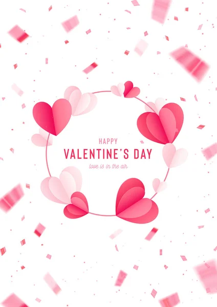 Happy St. Valentines Day card with 3d paper hearts and flying confetti. Vector holiday design template. Red concept sale banner or greeting card — Stock Vector