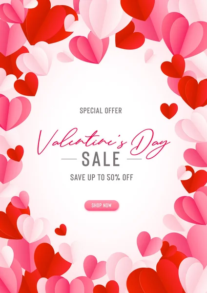 Glad St. Alla hjärtans dag kort med 3D-papper hjärtan. Mall för vektorns semesterdesign. Valentine koncept försäljning banner eller gratulationskort. — Stock vektor