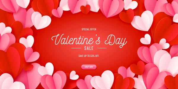 Glad St. Alla hjärtans dag kort med 3D-papper hjärtan. Mall för vektorns semesterdesign. Valentine koncept försäljning banner eller gratulationskort. — Stock vektor