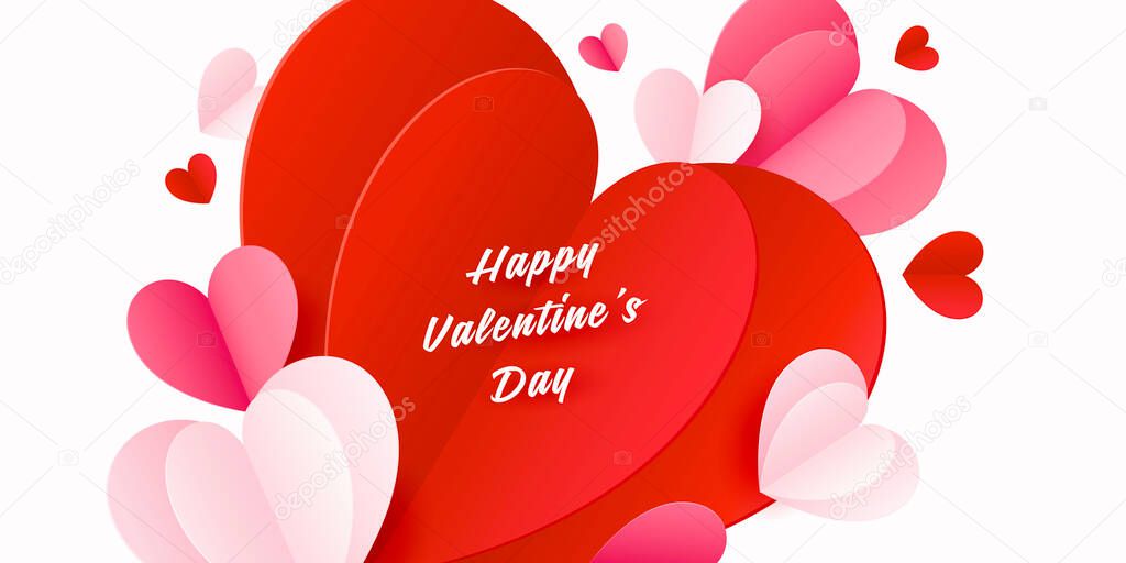 Happy St. Valentines Day card with 3d paper hearts. Vector holiday design template. Valentine concept banner or greeting card