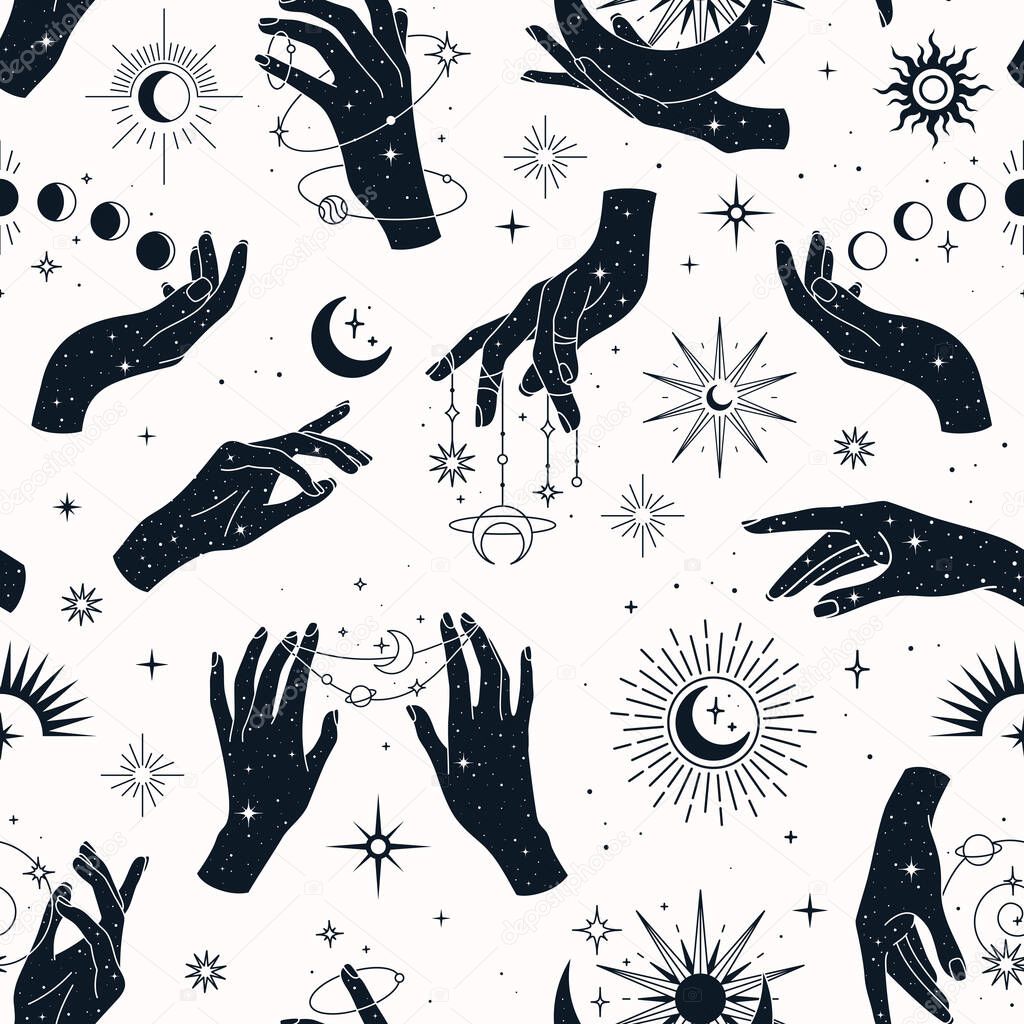 Vector seamless pattern with couple and single hands, planets, constellations, sun, moons and stars.