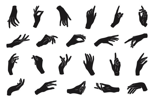 Set of various black silhouette woman hands. Vector collection of female hands of different gestures. Trendy minimal style for logos, prints, designs, illustrations