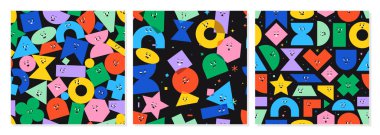 Farklı yüz duyguları olan sevimli geometrik figürlere sahip bir desen seti. Renkli komik karakterler, modaya uygun vektör çizimleri, çeşitli temel figürler. Çocuklar için poster