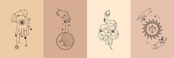 Vector poster set of mystical magic objects- woman hands, moon, sun, stars, planets, snake. Trendy minimal style, line art. Spiritual occultism objects