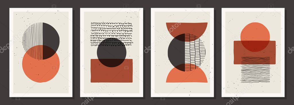 Set of vector trendy color poster with hand drawn textures made with ink, pencil, brush. Geometric patterns of spots, dots, strokes, stripes, lines. Template for social media, posters, prints
