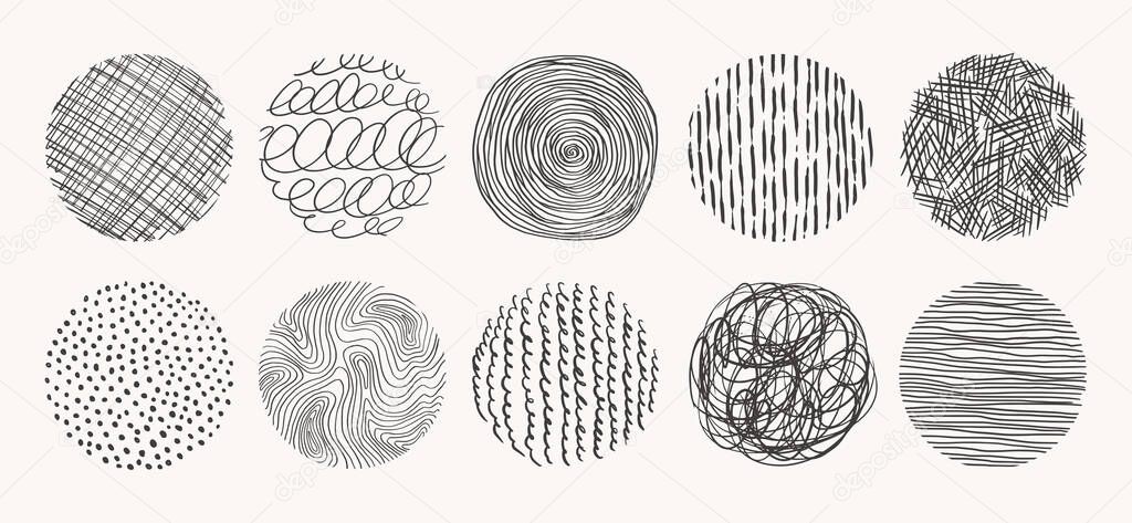 Geometric doodle shapes of spots, dots, circles, strokes, stripes, lines. Set of circle hand drawn patterns. Vector textures made with ink, pencil, brush. Template for social media, posters, prints