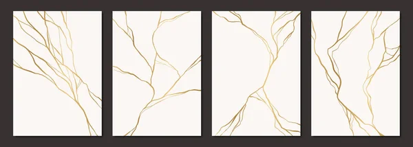 Set of gold kintsugi poster design. Japanese art of repairing broken pottery. Vector crack pattern for home prints, posters, wallpapers. Golden material of kintsugi restoration technique — Stock Vector