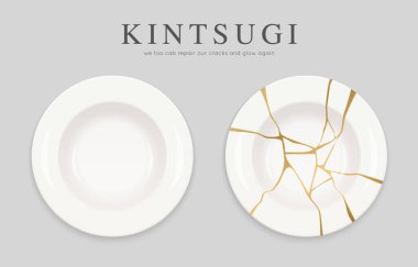 Altın kıvrımlı kırık beyaz tabaklar. Japon sanatı kırık çömlek tamir etme sanatı. Çatlaklarımızı onar ve tekrar parla. Asya ev dekorasyonu unsurları.