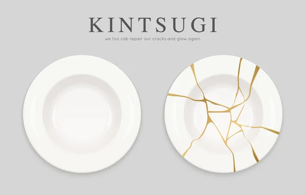 Placas brancas inteiras e quebradas com rachaduras de ouro kintsugi. Arte japonesa de reparar cerâmica quebrada. Reparar as nossas rachaduras e brilhar novamente. Asiático casa decoração elementos. — Vetor de Stock